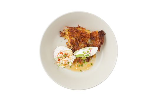 Hash brown with Halloumi cheese and savory dressing isolated on white background with clipping path