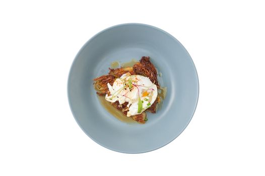 Hash brown with Halloumi cheese and savory dressing isolated on white background with clipping path