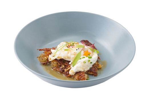 Hash brown with Halloumi cheese and savory dressing isolated on white background with clipping path