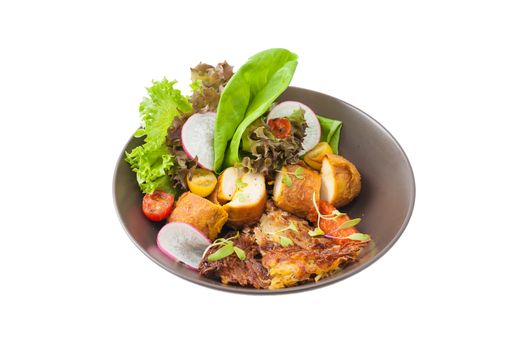 Chicken breast wrapped with vegetables and hash brown in clean food concept isolated on white background with clipping path