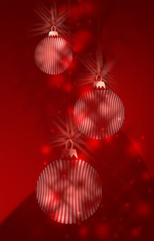 Three Red and White Striped Bauble Decorations hanging in christmas themed background image