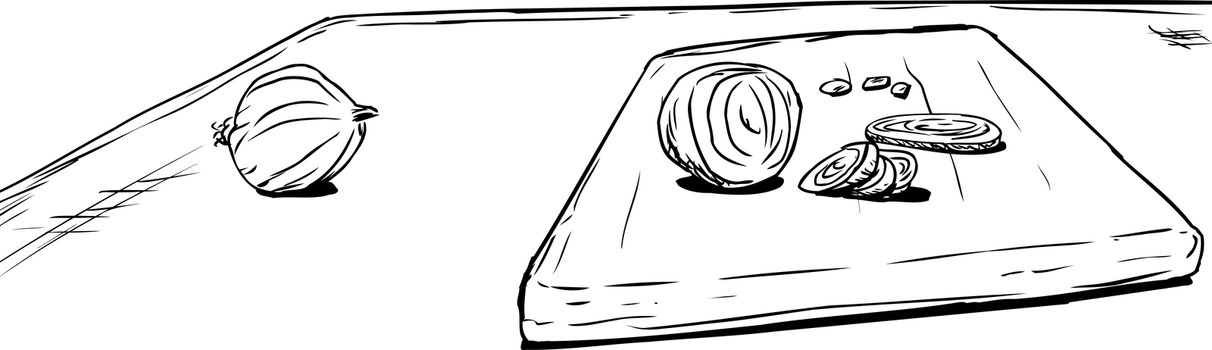 Outline sketch of whole and prepared raw onions on table and cutting board