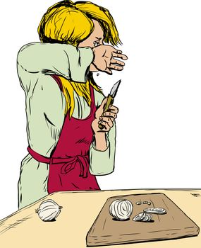 Sketch of single blond Caucasian female in red apron cutting onions and weeping