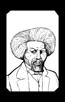 Hand drawn outline sketch portrait of famous African American leader named Frederick Douglass with black border