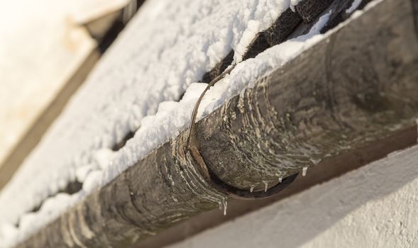 Old Gutter with Snow close up.