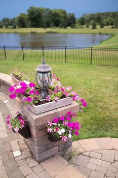 Stone Pillar with Unlit Lamp Decorated with Bright Purple and White Garden Flowers Planted in Hanging Planters and Wooden Boxes, part of Wall Surrounding Luxury Patio with View of Small Lake