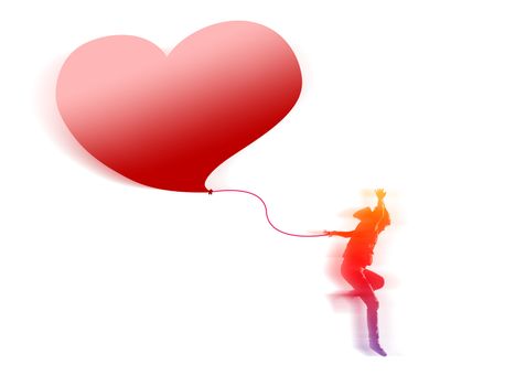 Colorful girl jumping and moving forward while holding the rope tie to big red heart balloon. They are isolated on white background.