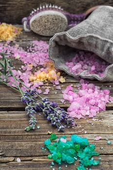 scattered, sea salt Spa treatment on wooden background