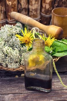Cut  bunch medicinal plants,mortar on wooden table.Toned.