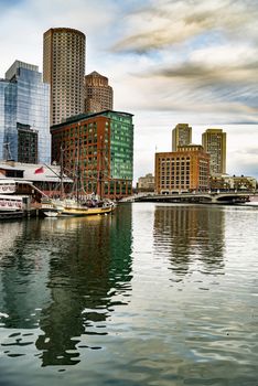 The Boston skyline, seen from across Fort Point Channel.