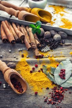 Seasoning with spices in wooden spoons on wooden table in rustic style.Pepper,cinnamon,cloves and mint
