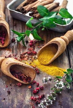 Seasoning with spices in wooden spoons on wooden table in rustic style.Pepper,cinnamon,cloves and mint