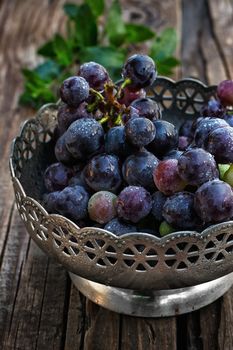 Brush ripe and juicy grapes in  vintage iron vase on wooden background