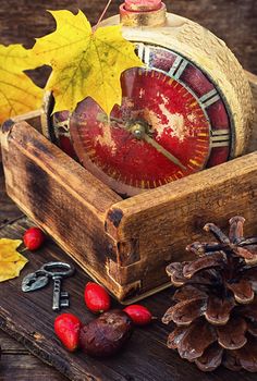 retro alarm clock with dial with arabic numerals on a background with maple leaves and wild roses