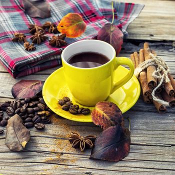 Cup of black coffee on background with warm blanket strewn with autumn leaves