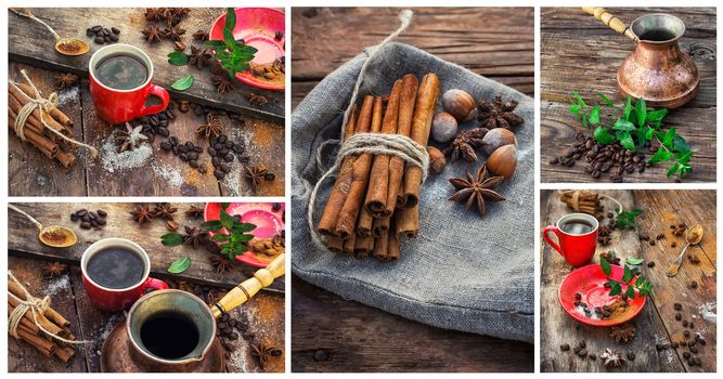 Cup with coffee on wooden background strewn with aromatic spices to drink