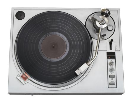 Stylish turntable with vinyl record isolated on white background. Clipping path included.