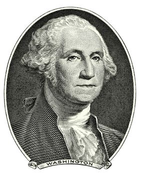 Portrait of first U.S. president George Washington as he looks on one dollar bill obverse. Clipping path included.