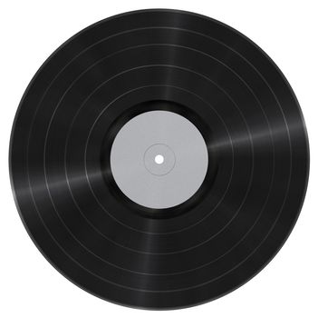 Long play vynil record with blank paper label isolated on white. Photorealistic raster illustration. Clipping path included.