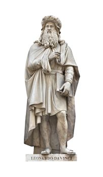 Leonardo Da Vinci statue isolated on white with clipping path. Created by Luigi Pampaloni in 1842.