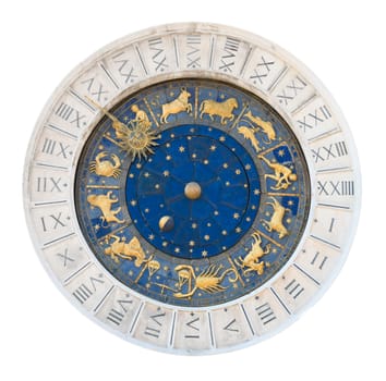 Venice clock tower dial isolated on white with clipping path. It was initially designed by Gian Carlo Rainieri in 1493 and reconstructed several times later. Local name is Torre dell'Orologio.