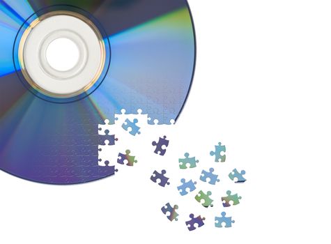 CD / DVD cut by jigsaw puzzle. Concept of data manipulation, archiving, security, encryption or decryption.