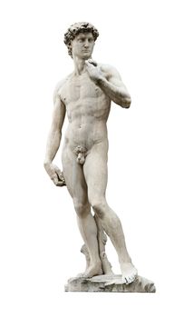 David statue by ancient sculptor Michelangelo isolated on white with clipping path. This replica replaced original in 1910 on Piazza Della Signoria nearby Palazzo Vecchio in Florence, Italy.