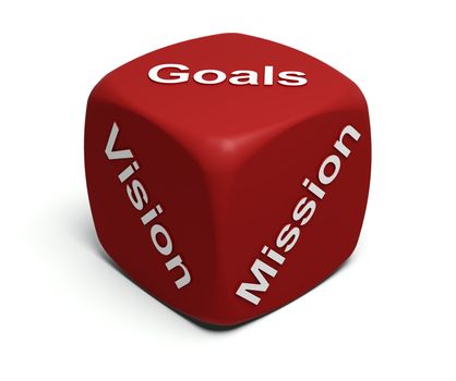 Red Dice with words Vision, Mission, Goals defining every company's Business strategy