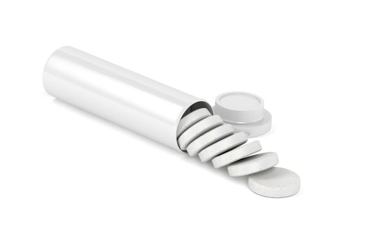 Bottle with effervescent tablets on white background