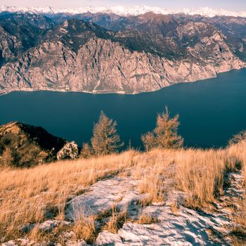 Panorama of Lake Garda (Italy) seen from the top of Mount Baldo.