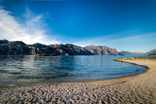 Panorama of Lake Garda (Italy) near the town of Malcesine called "the pearl of the lake".