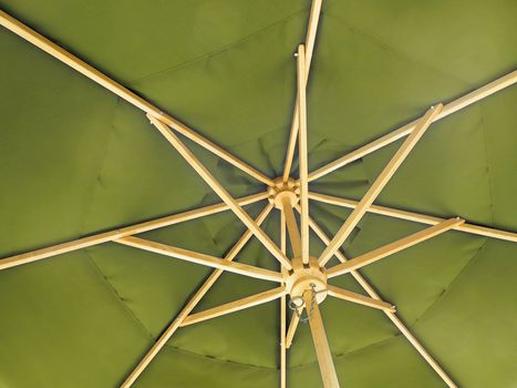 The inside of an open yellow / green umbrella