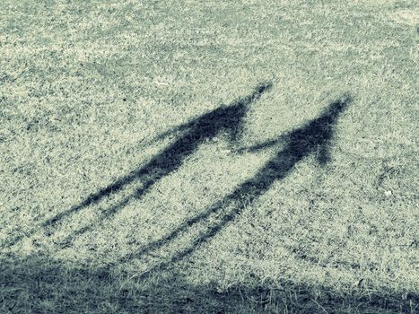 The shadow of two people holding hands on a grassy surface