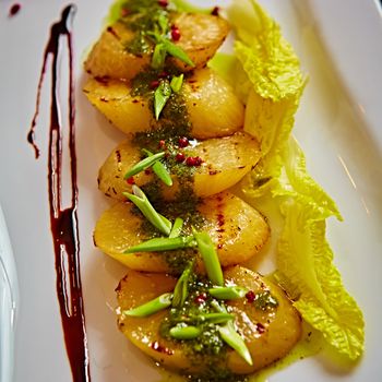 appetizer of grilled celery with greens in a white plate