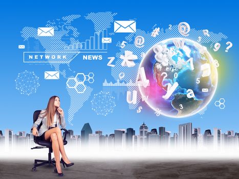 Businesswoman in chair on abstract background with world map and city. Elements of this image furnished by NASA