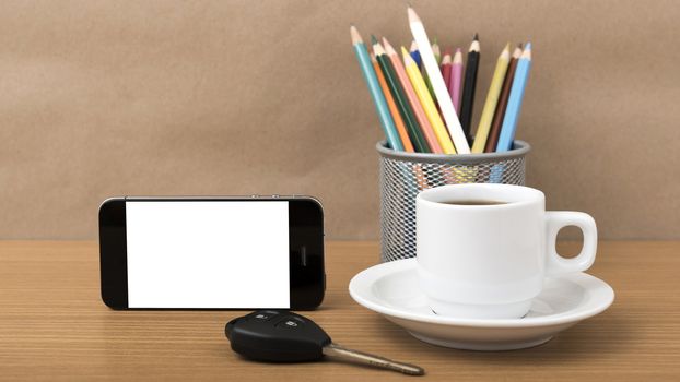 coffee,phone,car key and heart on wood table background