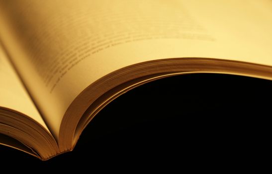 Horizontal photo of an old open book on black background