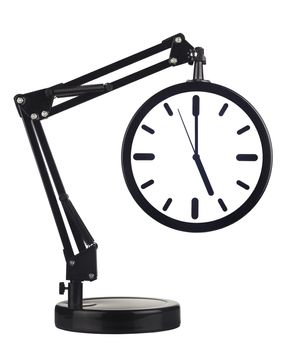 Black clock with arm showing five o'clock isolated on white background