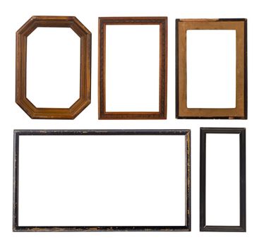 Set of five old wooden frames isolated on white