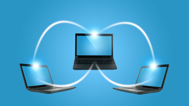 Set of laptops connected with each other