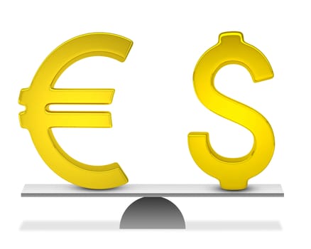 Euro and dollar sign on scales isolated on white background, balance concept
