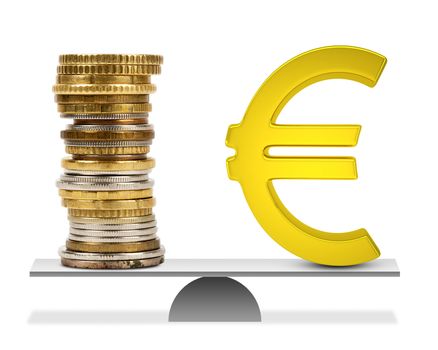 Coins and euro sign on scales isolated on white background, balance concept