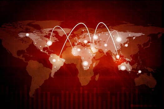 Abstract red background with world map and lightspots