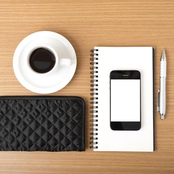 coffee,phone,notepad and wallet on wood table background