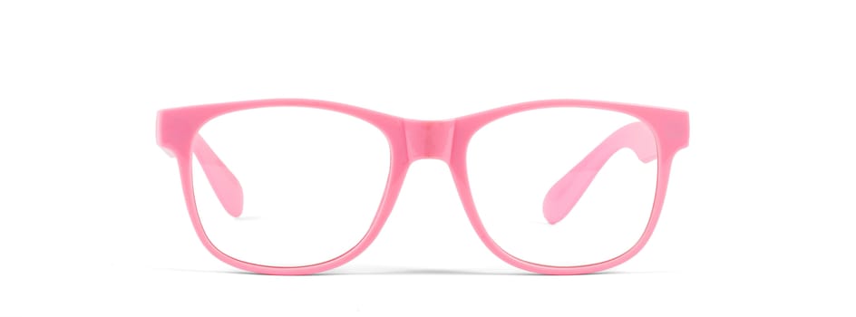 Pair of pink eyeglasses isolated on white background