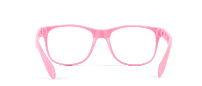 Pair of pink eyeglasses isolated on white background, front view