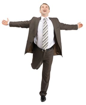 Happy businessman running forward isolated on white background, front view