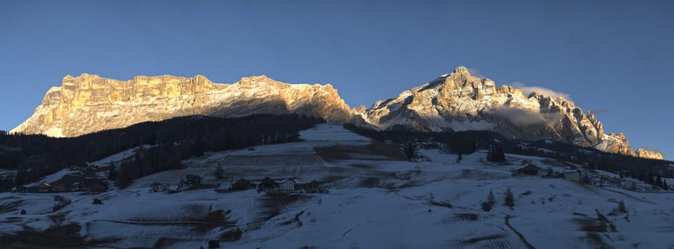 Mountains landscape at the sunset in winter season seen from La Villa, Alta Badia - Dolomites, Trentino-Alto Adige, Italy