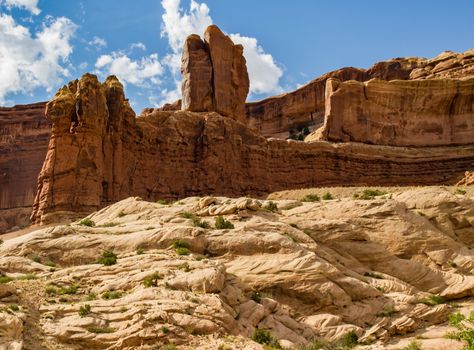 Rock formations, mittens, pillars and examples of erosion and weathering can all be found in Arches National Park, Utah.