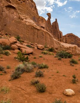 Rock formations, mittens, pillars and examples of erosion and weathering can all be found in Arches National Park, Utah.